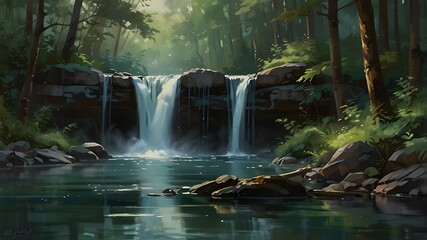 "A serene waterfall flows peacefully through a mountain, its gentle sounds creating a sense of calm and tranquility. The painting is done in a dreamy, impressionistic style, with soft brushstrokes and