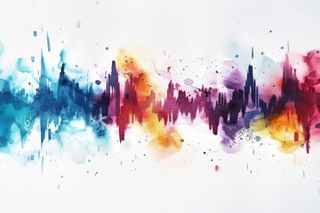 Fototapeta premium Abstract watercolor sound wave art with vibrant colors, blending blues, reds, and yellows, creating a dynamic and energetic visual effect.