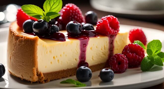 classic new york style cheesecake with berries and mint