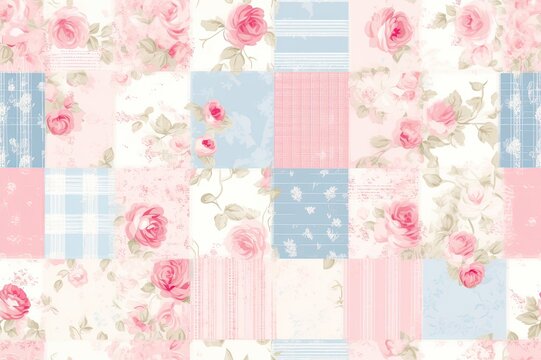 pastel-colored patchwork pattern with roses and various floral designs.