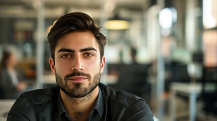 Obraz premium attractive office male worker, brown hair, 3 days beard, office setting portrait, 16:9