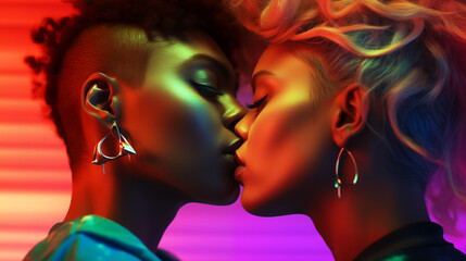 Two beautiful model girls, African-American appearance and European appearance, kiss on the lips, delicate skin, plump lips, colorful makeup, love and sensuality