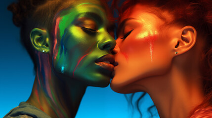 Two beautiful model girls, African-American appearance and European appearance, kiss on the lips, delicate skin, plump lips, colorful makeup, love and sensuality