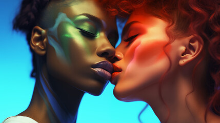 Two beautiful model girls, African-American appearance and European appearance, kiss on the lips, delicate skin, plump lips, colorful makeup, love and sensuality