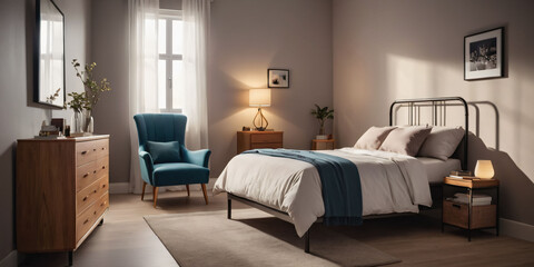  A cozy minimalist bedroom with a plush area rug, a low-profile bed with a simple headboard, and a floor-to-ceiling window with a cityscape view