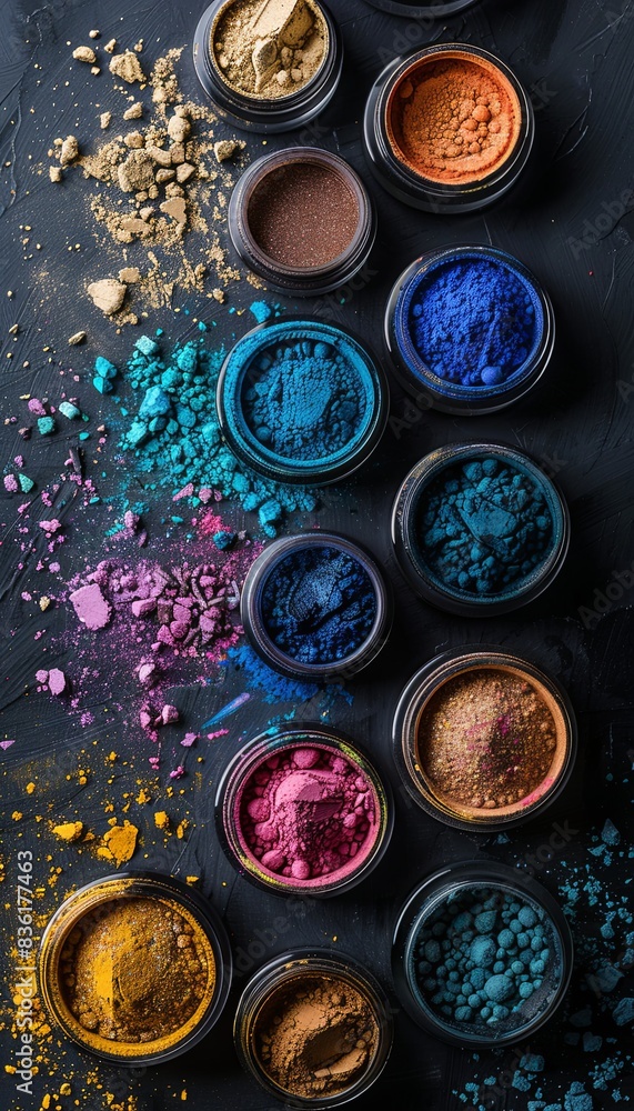 Poster a close-up shot of colorful makeup pigments and powders arranged on a dark surface. generative ai