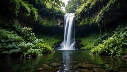 a hidden waterfall nestled in the lush slopes of the greenery mountain ai_generated