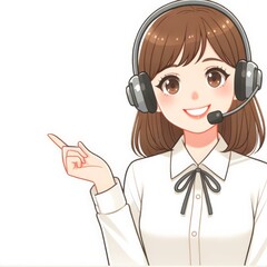 Smiling Female Customer Service Representative with Headset Pointing at Empty Space on White Background