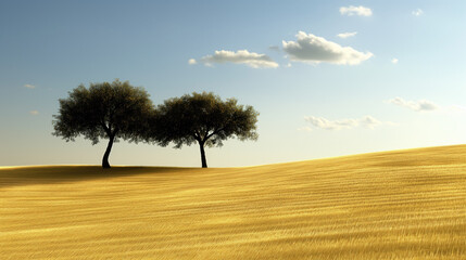 Wheat field and two trees under blue summer sky wallpaper