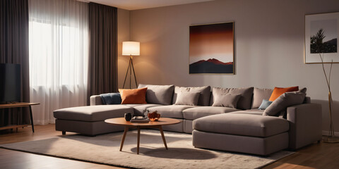   A cozy minimalist living room with a plush area rug, a low-profile sectional sofa, and a floor lamp with a minimalist shade  