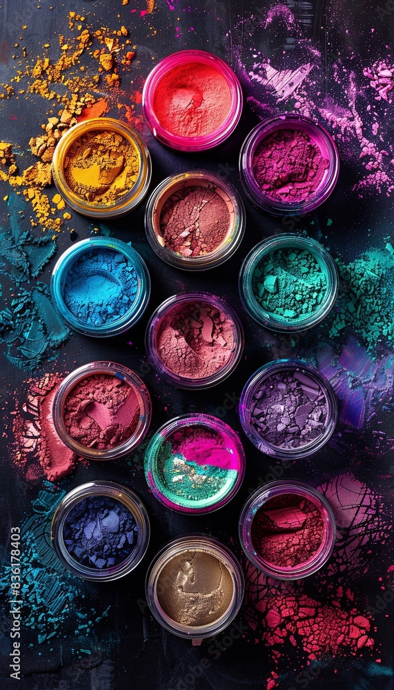 Aufkleber a close-up shot of colorful makeup pigments and powders arranged in small jars on a dark background.