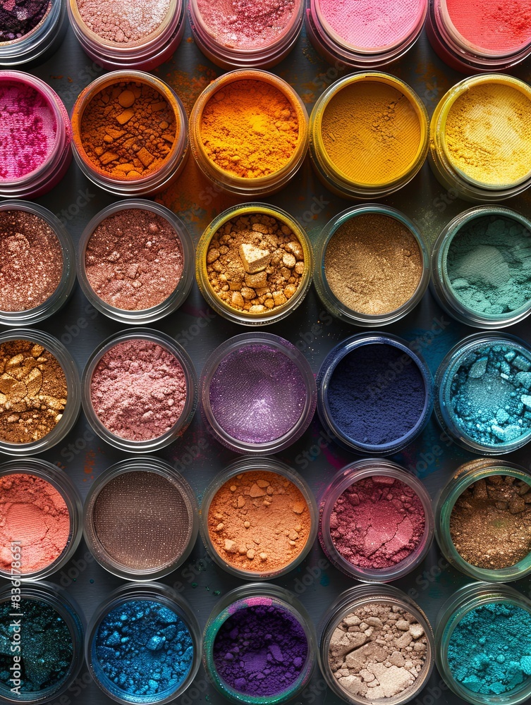 Poster A close-up view of various colorful makeup pigments and powders arranged in small jars. Generative AI