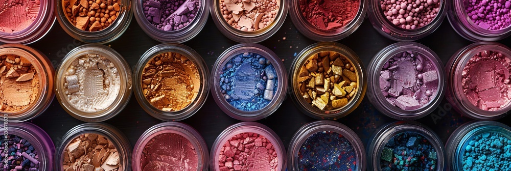 Poster Assorted colorful makeup pigments and powders in small jars, arranged in a visually appealing pattern. Generative AI