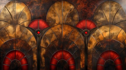 Abstract art deco pattern with red and gold hues