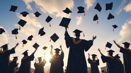 silhouettes of students throwing mortarboards. College graduated students throwing their caps up in celebration of graduation
