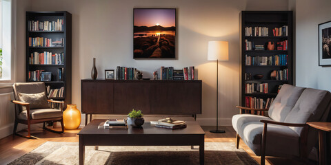   A peaceful minimalist living room with a minimalist desk, a single chair, and a floor-to-ceiling window with a cityscape view  