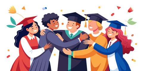  scene of graduates in caps and gowns hugging each other. The background is filled with confetti, showing their happiness and achievement.