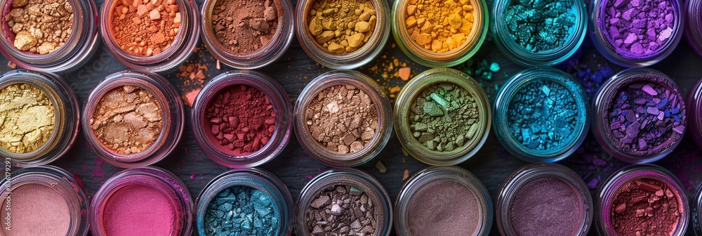 Poster Close-up of assorted colorful makeup pigments and powders in small jars. Generative AI