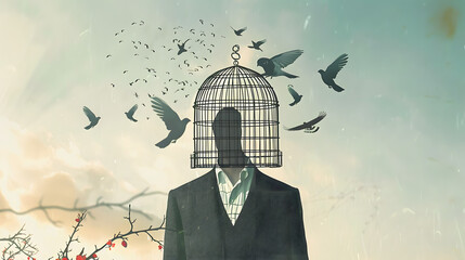 a man with open birdcage over his head, 