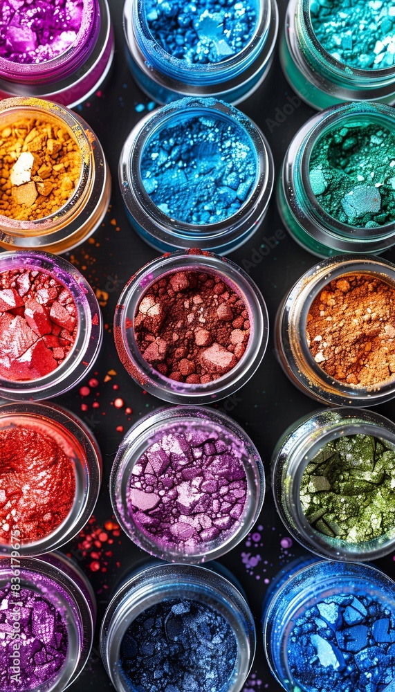 Poster assortment of colorful makeup pigments and powders in small glass jars. generative ai