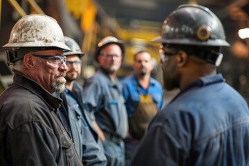 a worker giving a briefing at a steel factory, with some workers wearing hard hats and working standing behind him at a steel factory, warm color