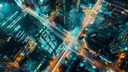Aerial view of a city intersection at night with light trails from traffic.