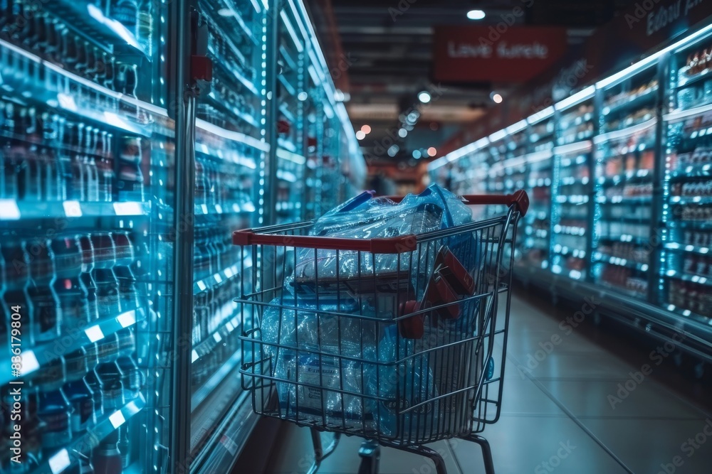 Poster shopping trolley with an augmented digital hologram against the background of a blurred shelf with g