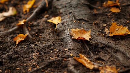 Close-up of fallen leaves on wet forest floor.