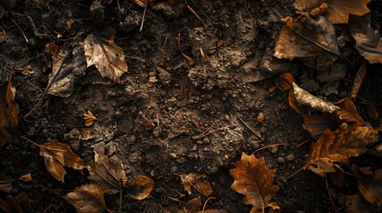 Autumn leaves fall in a forest, backlit by the setting sun.