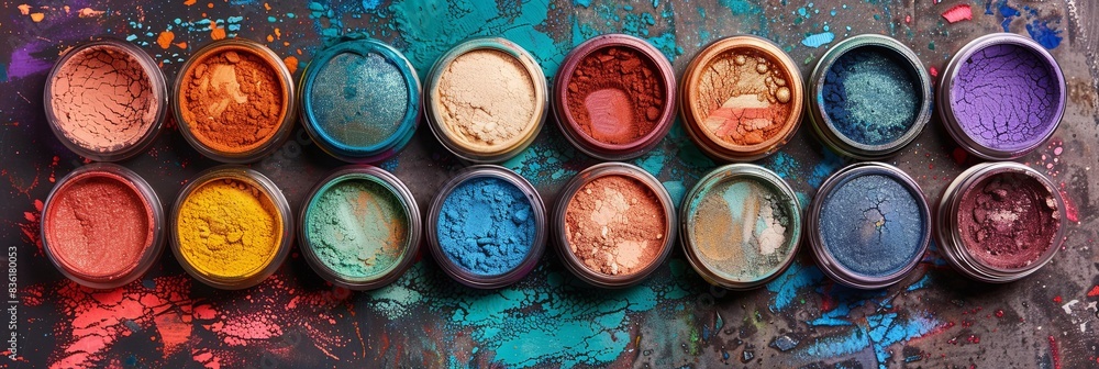 Poster assorted colorful makeup pigments and powders in small jars, arranged on a dark background. generati