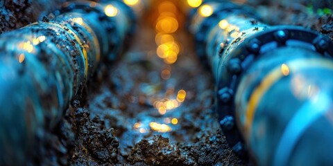 A close-up shot of blue pipes in a trench during a construction project