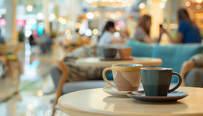 a close-up image of a café within a shopping mall, with cozy seating and coffee cups on the table, while the blurred background shows patrons chatting and enjoying their beverages,