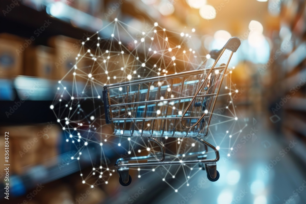 Poster shopping trolley with an augmented digital hologram against the background of a blurred shelf with g