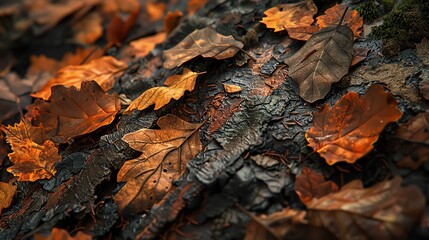 Close up of autumn leaves on a forest floor.