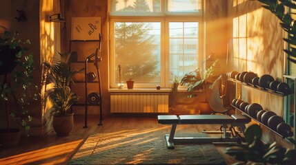 Home gym with natural light and plants.