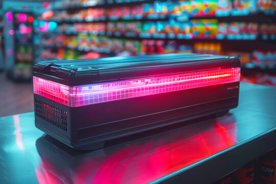 Black futuristic barcode scanner with neon pink and blue lights stands on the counter
Technologies in retail trade, automation of the shopping process, modern cash registers, innovations in stores, re