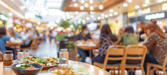 a  of a shopping mall's food court with a variety of dining options and seating areas, capturing a blurred background of customers enjoying their meals, Interior, Sho