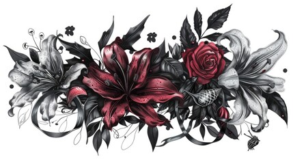Hand drawn design featuring gothic lilies foliage snails roses blooms ribbons dotted strokes and tags