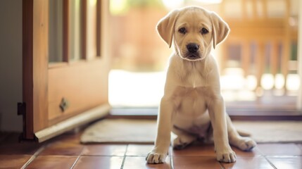 A yellow labrador puppy sitting inside by a doorway.