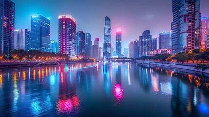 Obraz premium Modern cityscape skyline at night with vibrant lights reflecting on the water.