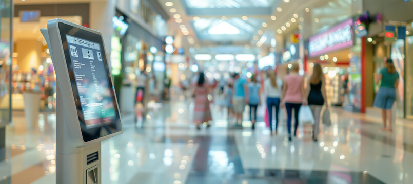 a detailed image of a mall directory and information kiosk with touchscreen displays, while the blurred background includes shoppers walking by and browsing stores, Interior, Shopp