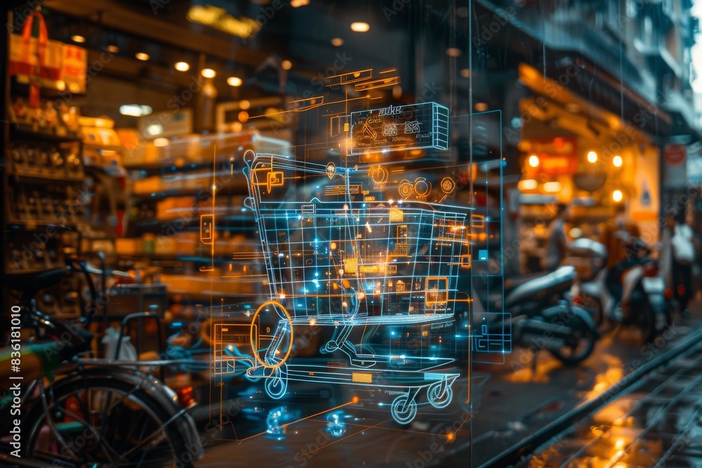 Poster shopping trolley with an augmented digital hologram against the background of a blurred shelf with g