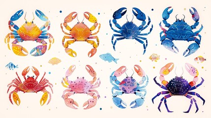 a dazzling array of colorful crabs and marine life against a whimsical watercolor background.