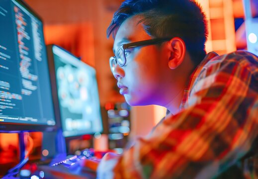 Autistic coder, determined, creates code in a sanctuary of cyber innovation. Monitors glow with algorithms.