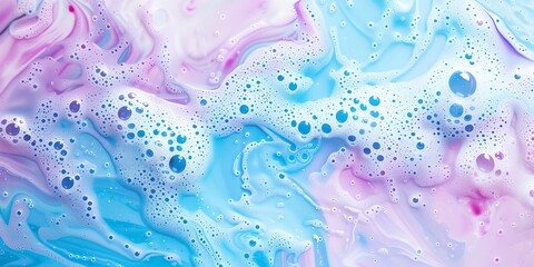 close up of a liquid painting with blue and pink colors and bubbles