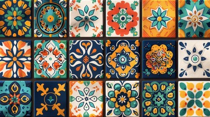 Colorful mosaic tiles with intricate geometric patterns and vibrant hues, perfect for decorative backgrounds and artistic designs.