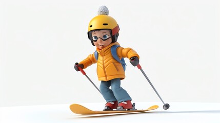 Stylized 3D cartoon young boy skiing, no logo, white background, high quality 8k
