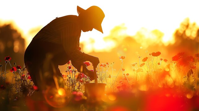 Silhouette of a farmer working in a field of flowers at sunset.
