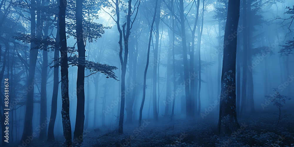 Poster a dark forest with fog and trees