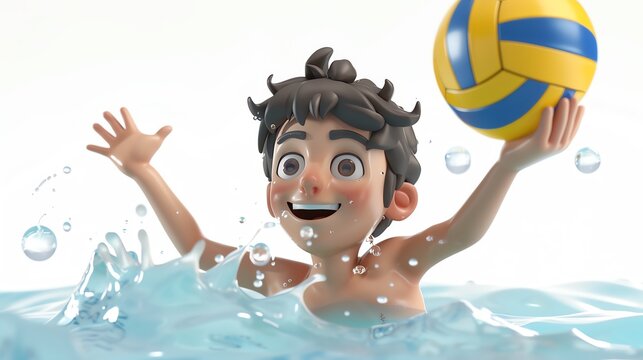 Stylized 3D cartoon young boy doing water polo, no logo, white background, high quality 8k